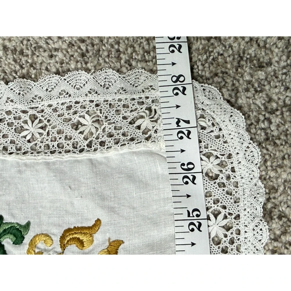 Vintage White Linen Embroidered Floral Lace Trim Square Tablecloth 28x28